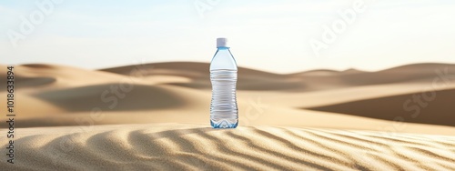 Desert Oasis, close-up of water bottle surrounded by soft sand dunes under a clear sky, minimalist landscape evokes serenity and solitude photo