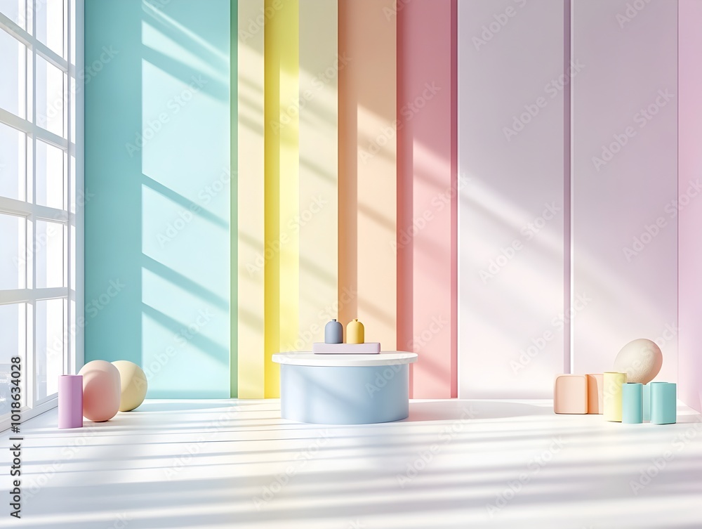 Pastel Hued 3D Studio Space with Minimalist White Floor Wall and Central Product Pedestal Warm Sunlight Spilling Through Window Gradient onto Countertop Mockup Visual Pastel Hued 3D Studio Space with Minimalist White Floor Wall and Central Product Pedestal Warm Sunlight Spilling Through Window Gradient onto Countertop Mockup Visual