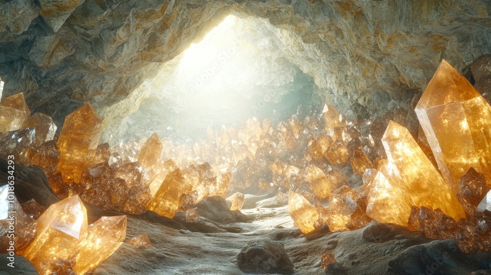 Golden Crystal Formations Inside a Cave with a Light Source Golden Crystal Formations Inside a Cave with a Light Source