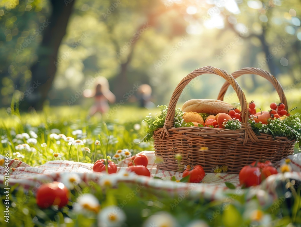 A family enjoying a sunny day outdoors, picnic blanket spread out, basket full of food, kids running in the background, with detailed grass and sunlight filtering through trees. A family enjoying a sunny day outdoors, picnic blanket spread out, basket full of food, kids running in the background, with detailed grass and sunlight filtering through trees.