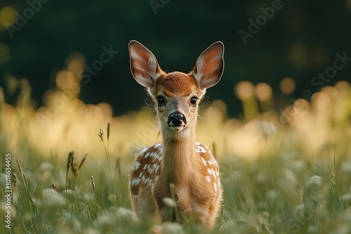 Fawn in Grass with Curious Eyes Looking at Camera