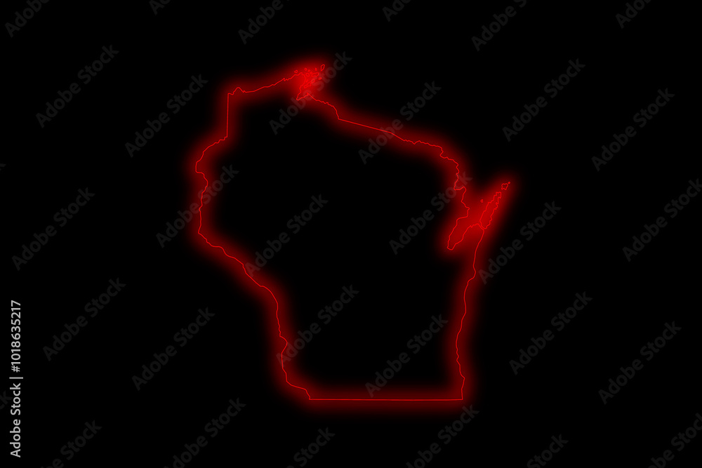 Red glowing neon map of Wisconsin state in black background Red glowing neon map of Wisconsin state in black background
