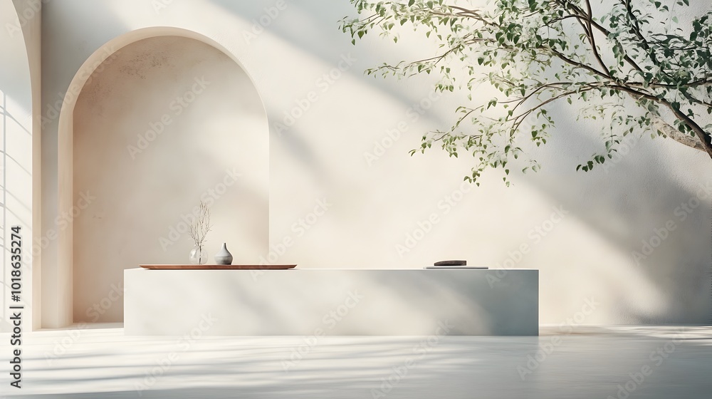 Captivating 3D studio setting showcasing a diverse minimalist interior with a sleek product plinth natural light streaming through a window and casting a soft Captivating 3D studio setting showcasing a diverse minimalist interior with a sleek product plinth natural light streaming through a window and casting a soft