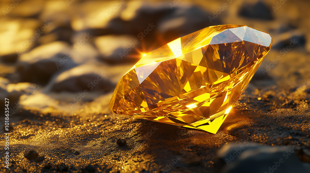 A brilliant yellow diamond resting on textured rocks with golden reflections under soft sunlight