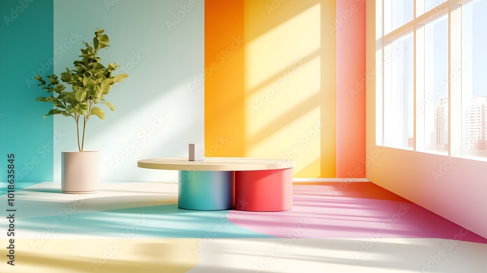 Captivating 3D studio room with a rainbow of vibrant colors a bare interior with a product display platform Captivating 3D studio room with a rainbow of vibrant colors a bare interior with a product display platform