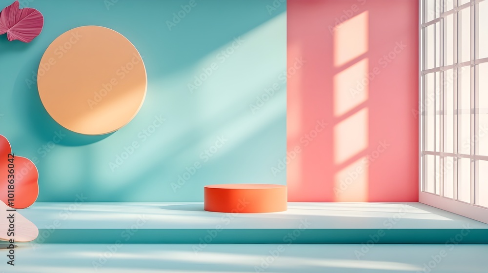 Sophisticated 3D studio environment with vibrant backdrop empty floor and wall display product stand and a shadow gradient from the window illuminating the countertop Sophisticated 3D studio environment with vibrant backdrop empty floor and wall display product stand and a shadow gradient from the window illuminating the countertop