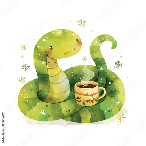 A green snake is curled up next to a mug of hot chocolate. The image has a cozy and warm feeling, as if the snake is enjoying a hot drink on a cold day
