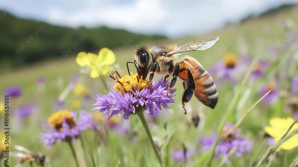 Bees pollinating diverse wildflowers on a regenerative farm, pollinator-friendly farming, biodiversity conservation Bees pollinating diverse wildflowers on a regenerative farm, pollinator-friendly farming, biodiversity conservation