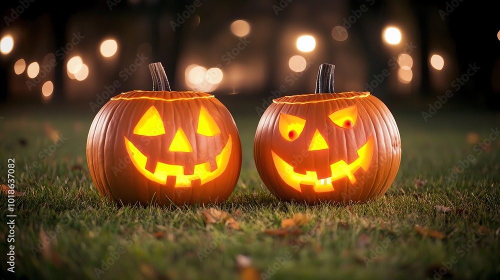 Obraz premium Two glowing jack-o'-lanterns sit on green grass, creating a spooky Halloween vibe with soft bokeh lights in the background.
