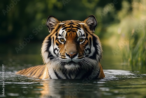 Tiger Headshot in Water Powerful Eyes Staring