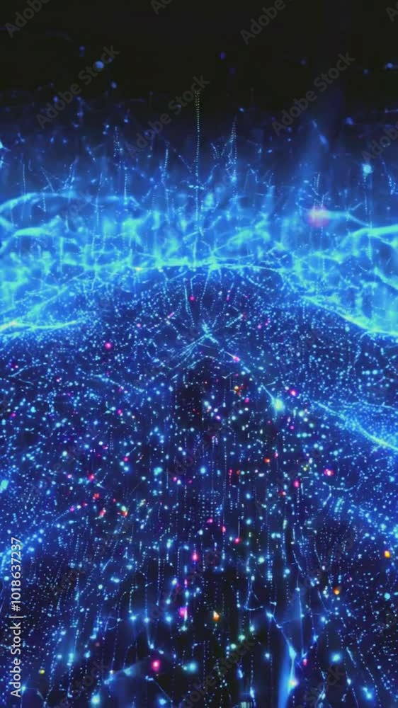 A river of digital data flows dark blue, luminous polygons and lines ...