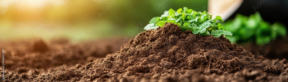 Close-up of compost being mixed into soil on an organic farm, composting, sustainable soil management Close-up of compost being mixed into soil on an organic farm, composting, sustainable soil management