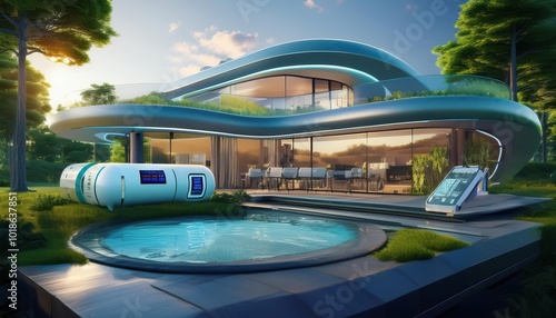 Wallpaper Mural pool in the park, efficient energy storage, Green Building Featuring Solar Panels and Wind Turbines in an Urban Setting Torontodigital.ca