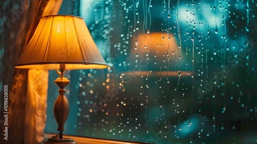 Cozy indoor setting with a lamp illuminating while rain falls softly on the window at dusk