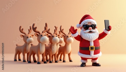 A cute Santa 3D model, wearing sunglasses, posing for a selfie with a group of reindeer. Waving with one and holding a smartphone with other hand, grinning. On a plain background