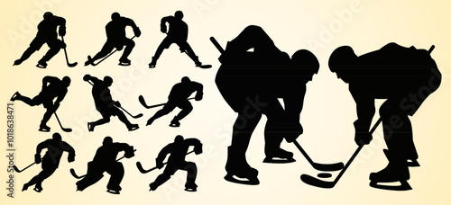 A set of black silhouette figures of ice hockey players in various dynamic poses, including skating, shooting, and a face-off, capturing the intensity and action of the game.