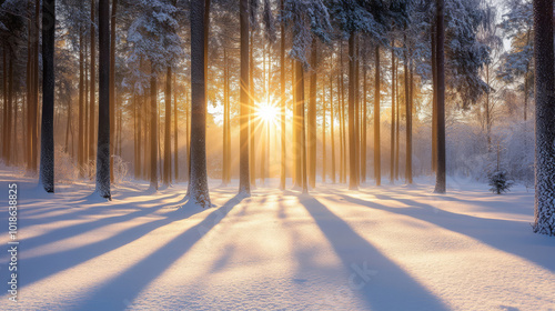 Sunlight streaming through the trees of a snowy forest, casting long shadows and creating a peaceful winter scene