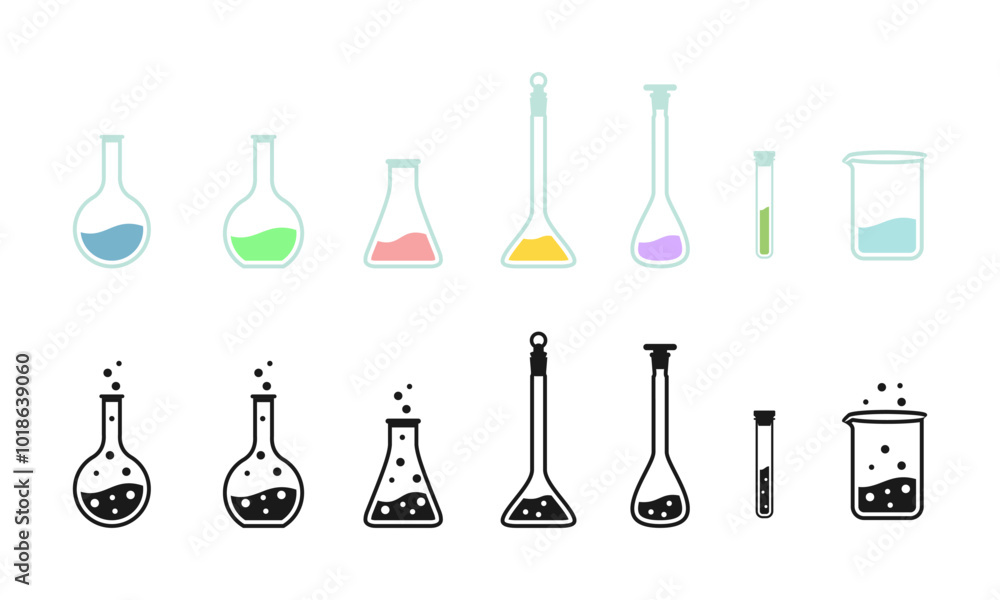 conical flask glass ware laboratory equipment icon set vector illustration isolated on white background. conical flask glass ware laboratory equipment icon set vector illustration isolated on white background.