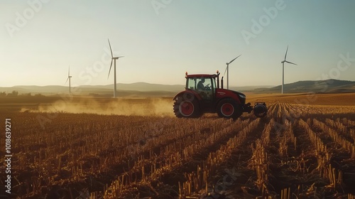Farmer on an electric tractor working in an organic field surrounded by wind turbines, sustainable farming, clean energy integration