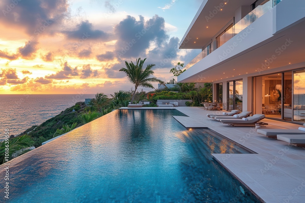 Fototapeta premium luxurious beachfront resort infinity pool overlooking turquoise ocean white modern architecture palm trees loungers golden hour lighting