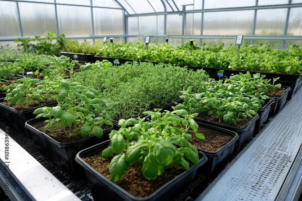 Greenhouse filled with organic herbs and automated watering systems powered by solar energy, organic farming, smart agriculture Greenhouse filled with organic herbs and automated watering systems powered by solar energy, organic farming, smart agriculture