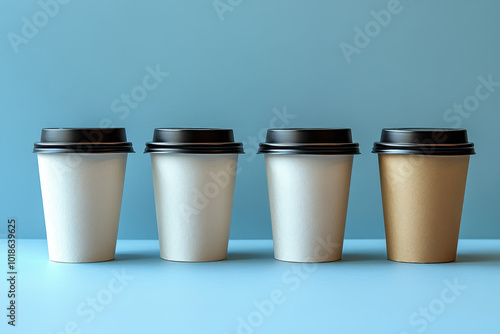 Three white paper coffee cups with black plastic lids, placed side by side on a light blue background.