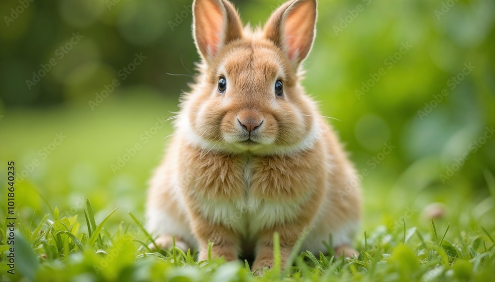 Fototapeta premium Cute fluffy rabbit sitting in green grass under sunny day