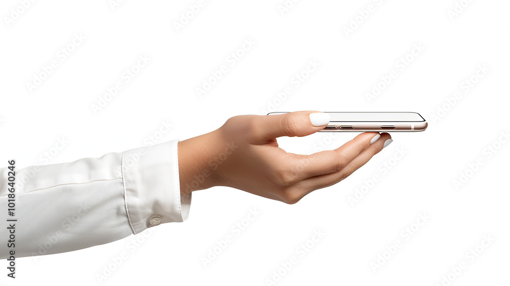 holding a smart phone against a white background holding a smart phone against a white background
