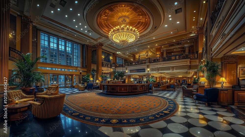 Obraz premium Grand Lobby with Chandelier, Ornate Details, and Seating