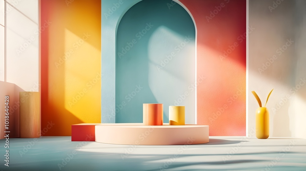 Mesmerizing 3D studio setting brimming with a kaleidoscope of colors uncluttered interior with product plinth soft shadow cast from window spilling onto the surface Mesmerizing 3D studio setting brimming with a kaleidoscope of colors uncluttered interior with product plinth soft shadow cast from window spilling onto the surface
