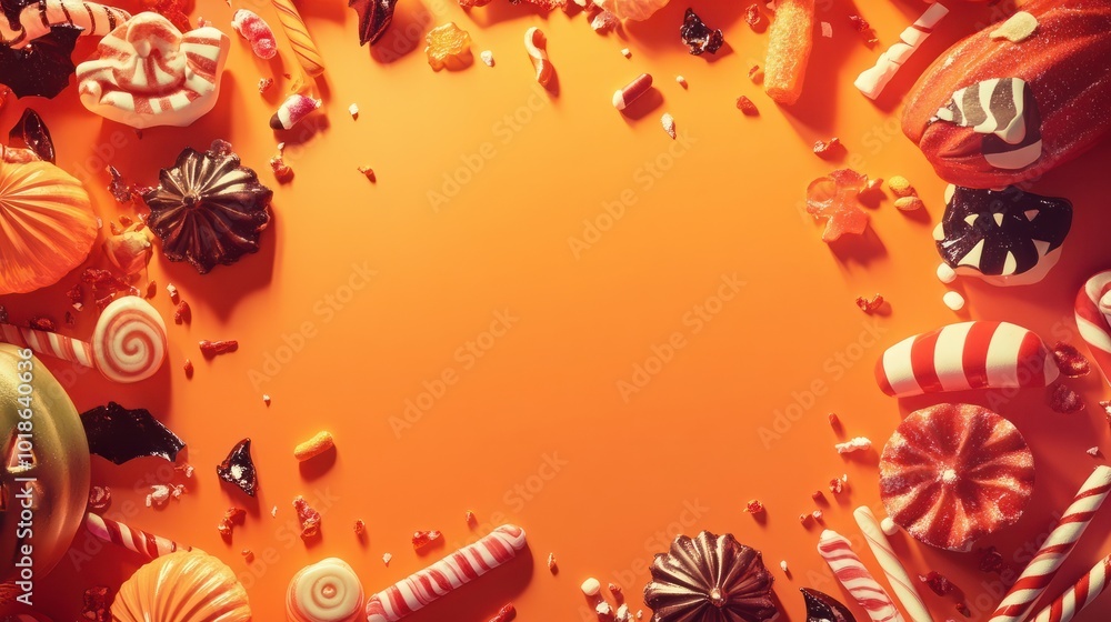 Halloween frame of scattered candy and decor. Top down view over an orange background with copy space. Halloween frame of scattered candy and decor. Top down view over an orange background with copy space.