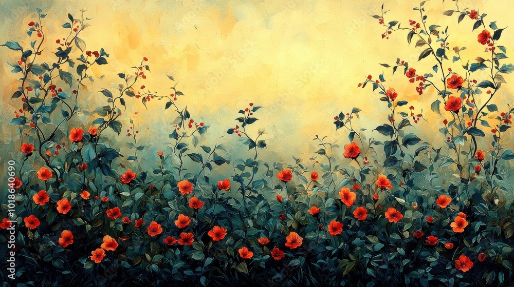 Vibrant wildflowers bloom against a soft golden background at sunset in a serene natural landscape Vibrant wildflowers bloom against a soft golden background at sunset in a serene natural landscape