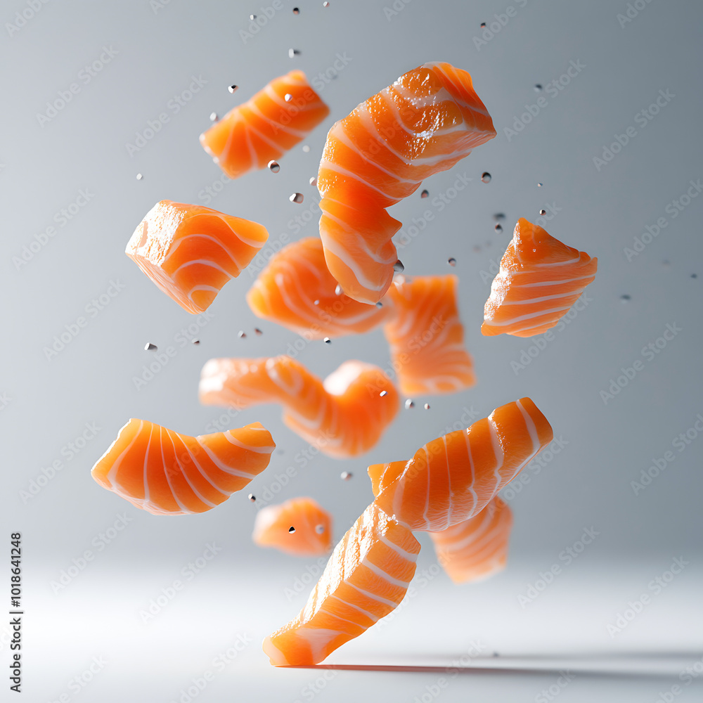 Floating Salmon Pieces in Minimalist Studio Photography Floating Salmon Pieces in Minimalist Studio Photography