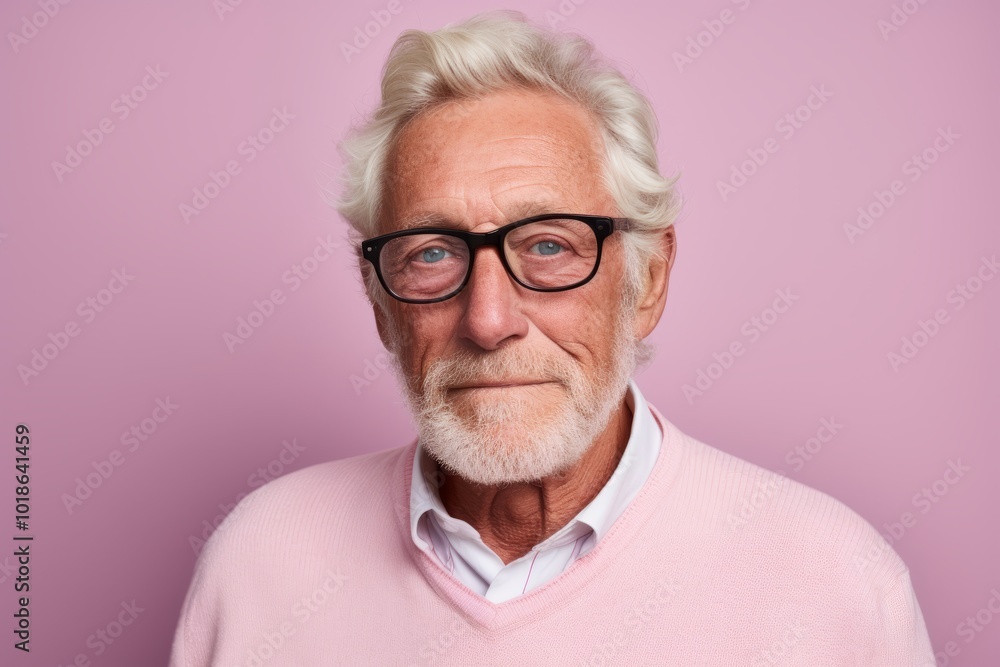 Portrait of a senior man with glasses and a pink sweater on a pink background Portrait of a senior man with glasses and a pink sweater on a pink background