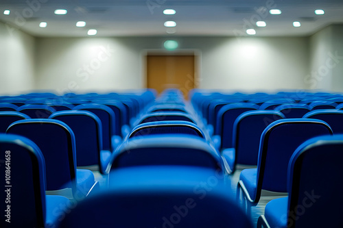 Rear View of an Empty Conference Hall with Neatly Arranged blue Chairs, Ready for a Large Event or Meeting"