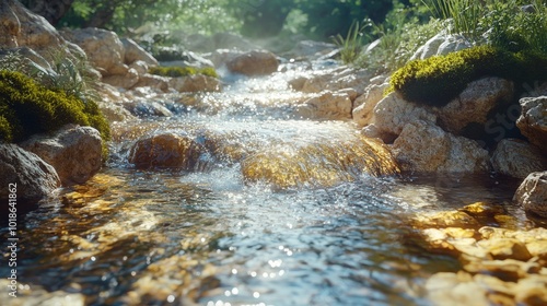 Crystal-Clear Stream Flowing Over Smooth River Rocks photo