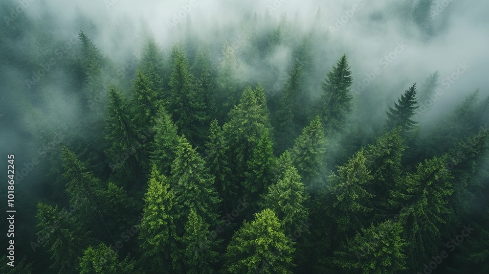 Aerial View of a Dense Evergreen Forest Shrouded in Mist Aerial View of a Dense Evergreen Forest Shrouded in Mist