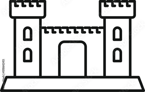 Simple black line vector icon for a medieval castle with gate and towers