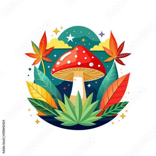 hallucinogenic mushroom with marijuana leaves