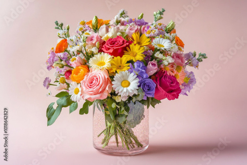 Wallpaper Mural Vase with colorful flowers including roses and daisies on light background Torontodigital.ca