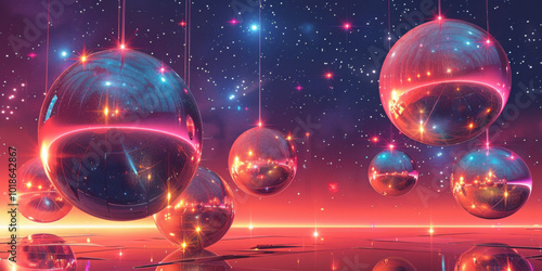 Glittering christmas baubles floating with golden lights in soft focus, background