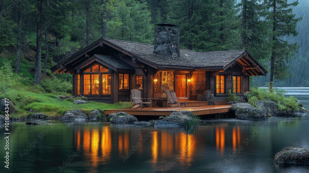 Relaxing lakeside cabin surrounded by a pine forest Relaxing lakeside cabin surrounded by a pine forest