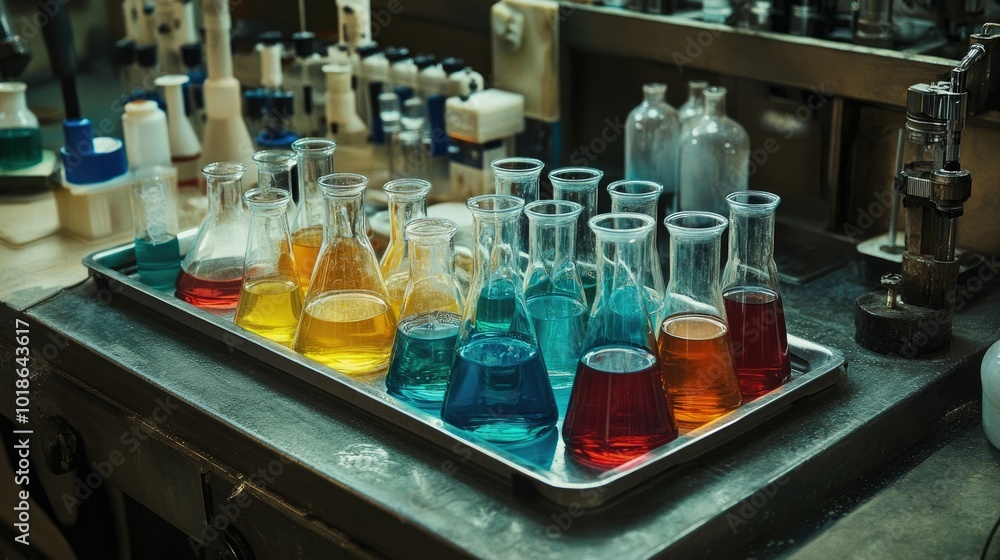 Assorted laboratory glassware including test tubes, measuring cylinders, and beakers, arranged on a metal tray with chemical equipment nearby. Assorted laboratory glassware including test tubes, measuring cylinders, and beakers, arranged on a metal tray with chemical equipment nearby.