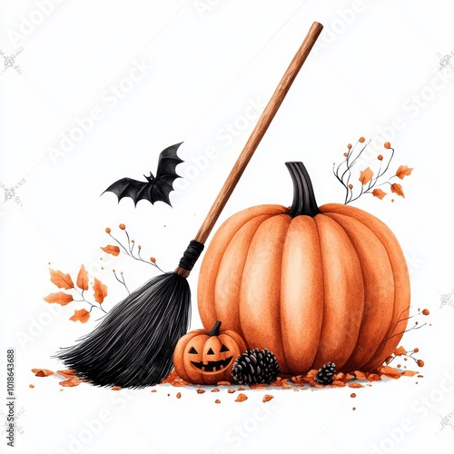 Halloween themed illustration with pumpkins, broom, and autumn leaves on a white background. photo