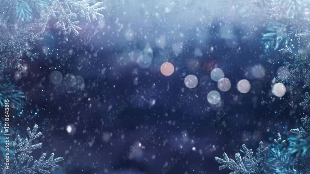 A festive winter scene featuring snowfall branches framing a soft, deep blue background. Small white lights are interwoven through the branches. animation background. A festive winter scene featuring snowfall branches framing a soft, deep blue background. Small white lights are interwoven through the branches. animation background.