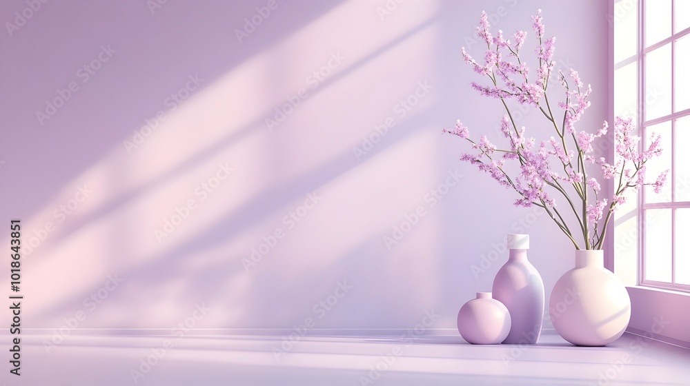 Serene Minimalist 3D Studio Room with Calming Lavender Backdrop Empty Floor and Wall Product Podium and Soft Natural Lighting from Window Overlay Serene Minimalist 3D Studio Room with Calming Lavender Backdrop Empty Floor and Wall Product Podium and Soft Natural Lighting from Window Overlay