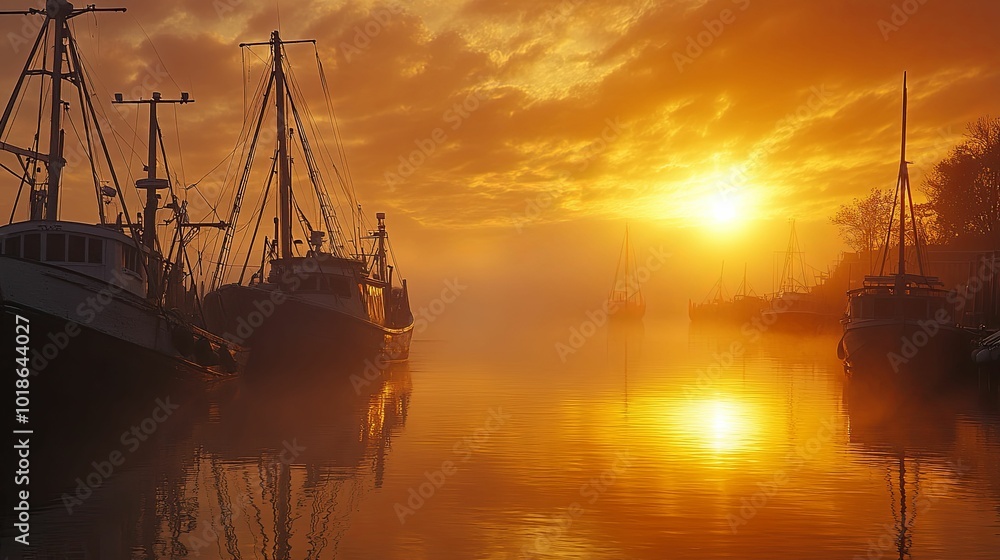 Silhouetted Boats at Sunrise with Fog and Reflections Silhouetted Boats at Sunrise with Fog and Reflections