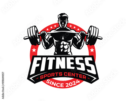 Powerful fitness sports center logo, gym logo, bodybuilding emblem, strength training and weightlifting badge for workout enthusiasts, athletes, sports clubs and health centers.