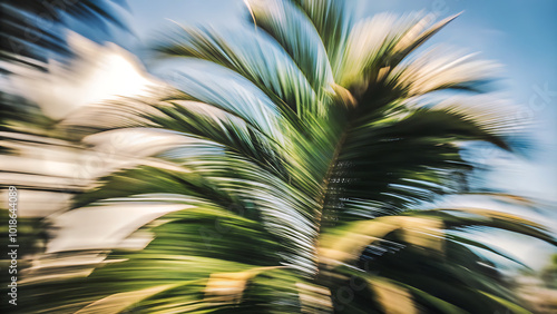Abstract palm tree leaves blurred motion, Close-up abstract image of palm tree leaves blurred in motion, creating a vibrant green and white pattern against a blue sky.