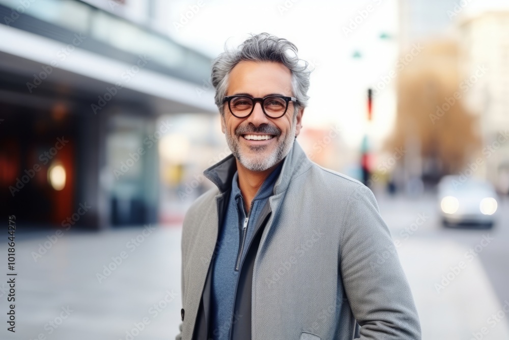 portrait of happy middle aged man with eyeglasses in city portrait of happy middle aged man with eyeglasses in city